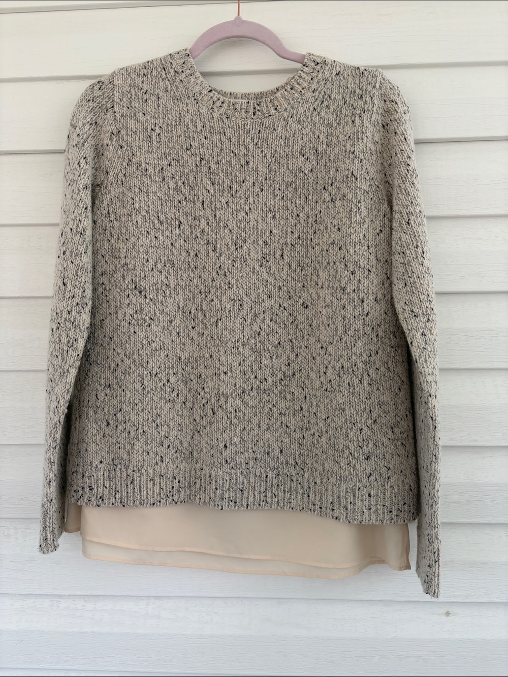 Club Monaco Mixed Media Sweater Split Back Layered Hem Knit Wool Blend Neutral